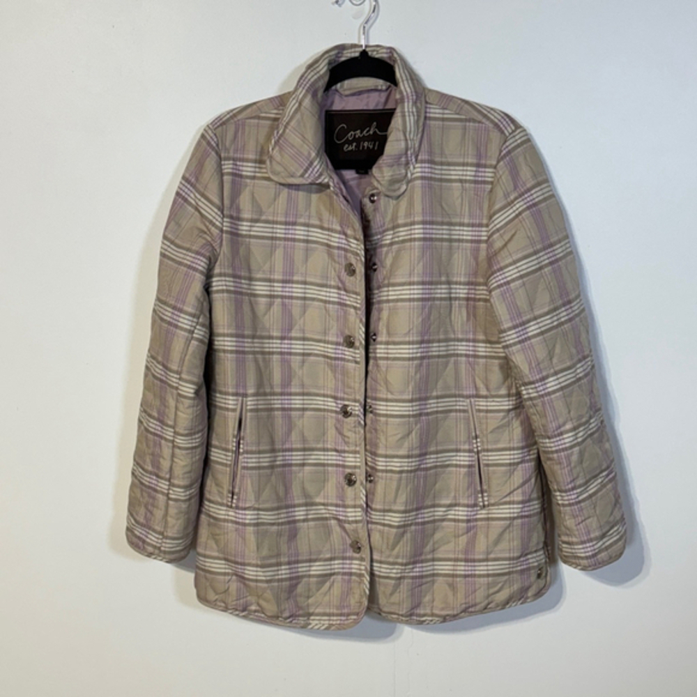 Coach Quilted Jacket Women’s Small Brown Purple Plaid Snap Closure Pockets